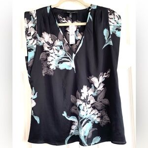 WHBM Ruched Shoulder Shell Sleeveless V-Neck Satin Floral